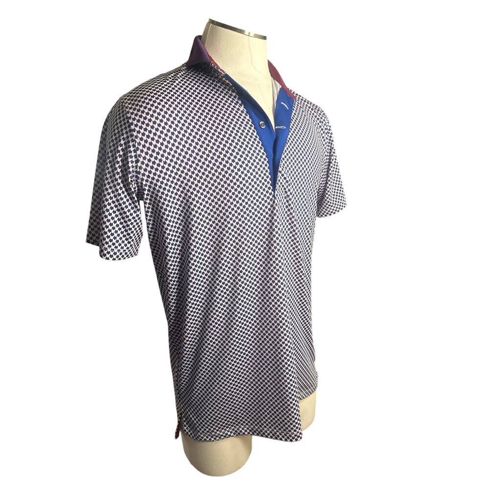 Men M Greyson Blue Wolf Print Performance Short Slv Golf Polo Shirt Top Collar